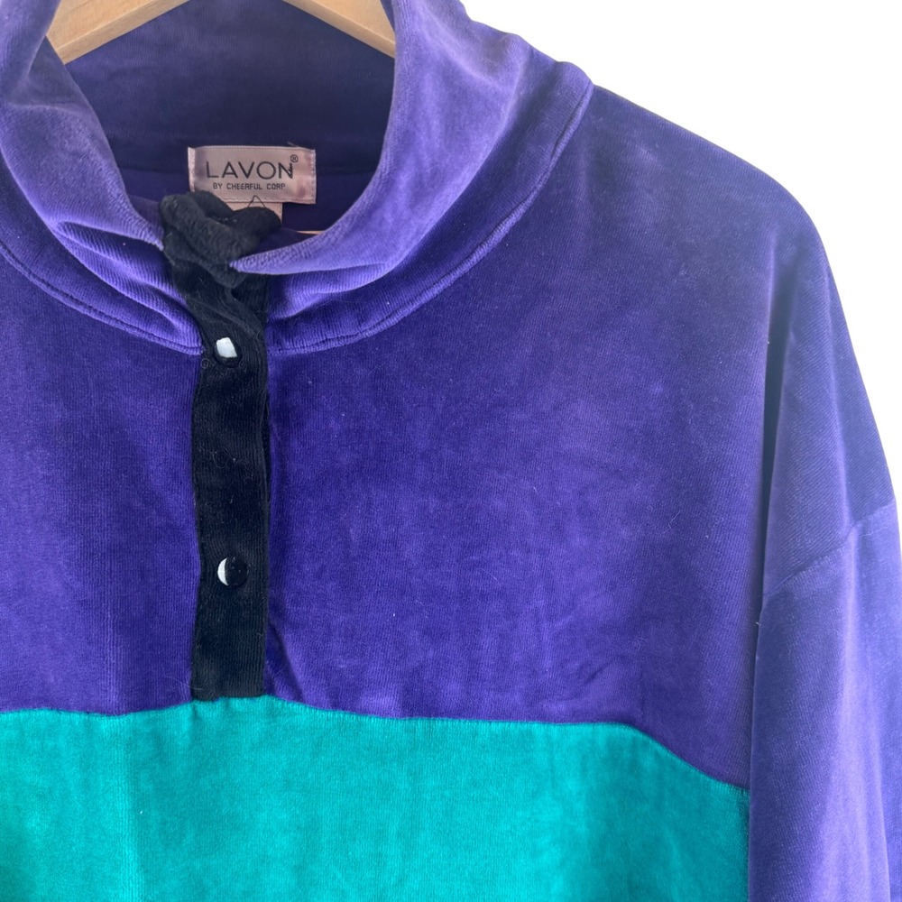 Lavon Velour Pullover Women Large Purple Colorblock Vintage Mock Neck Sweatshirt